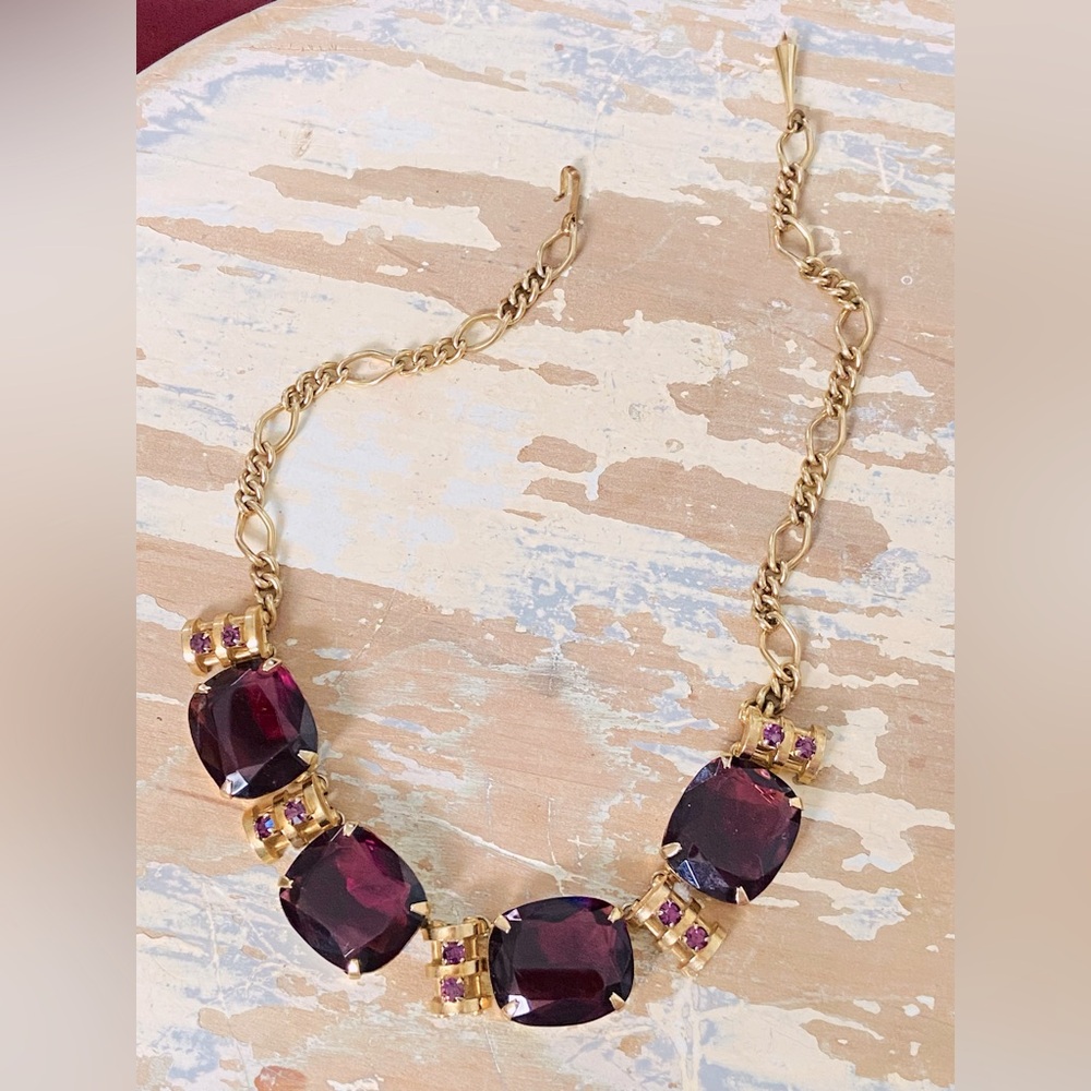 Bold Vintage Gold Tone & Deep Amethyst Purple Glass Statement Necklace